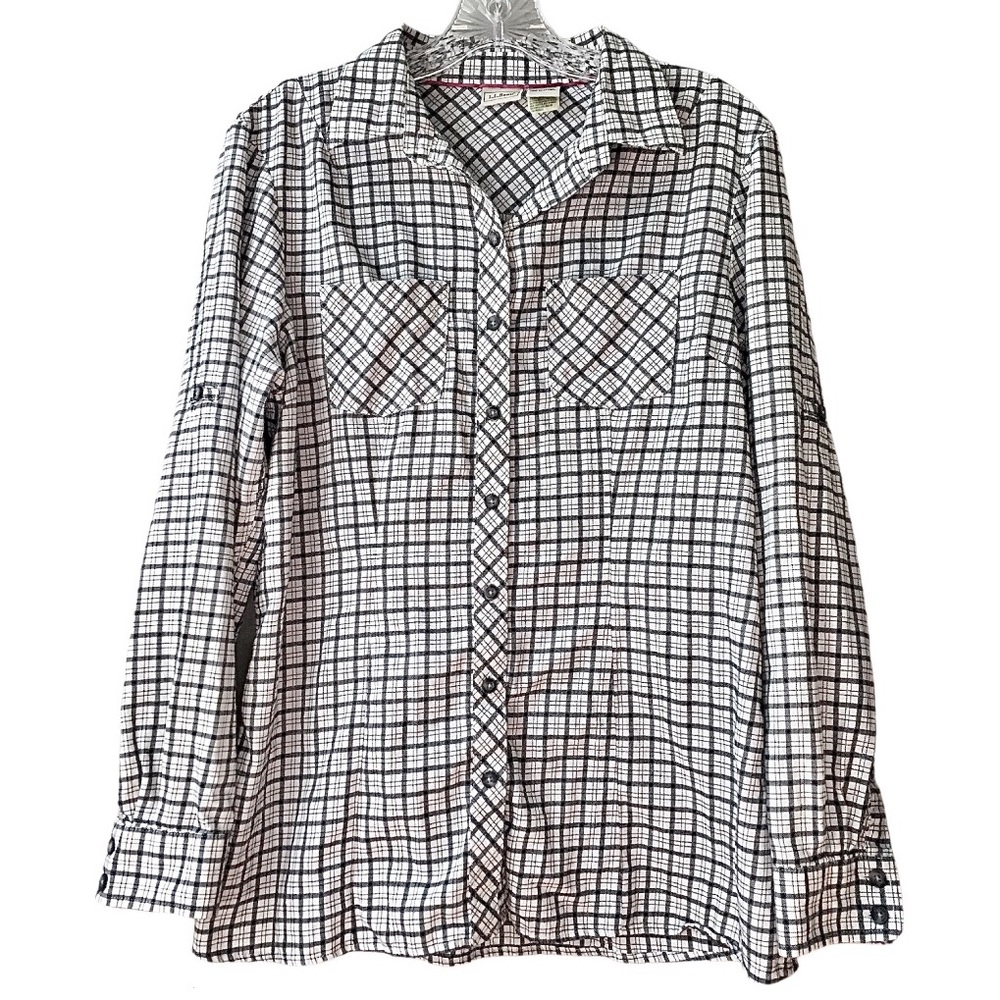 L.L. Bean Button-Up White+Black Plaid Long Sleeve